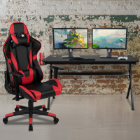 Flash Furniture BLN-X20D1904L-RD-GG Gaming Desk and Red/Black Reclining Gaming Chair Set /Cup Holder/Headphone Hook/Removable Mouse Pad Top - Wire Management